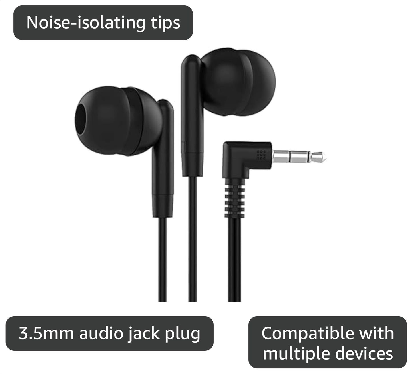 Maeline Bulk Earbuds with 3.5 mm Headphone Plug - 200 Pack Wholesale Bundle - Jet Black