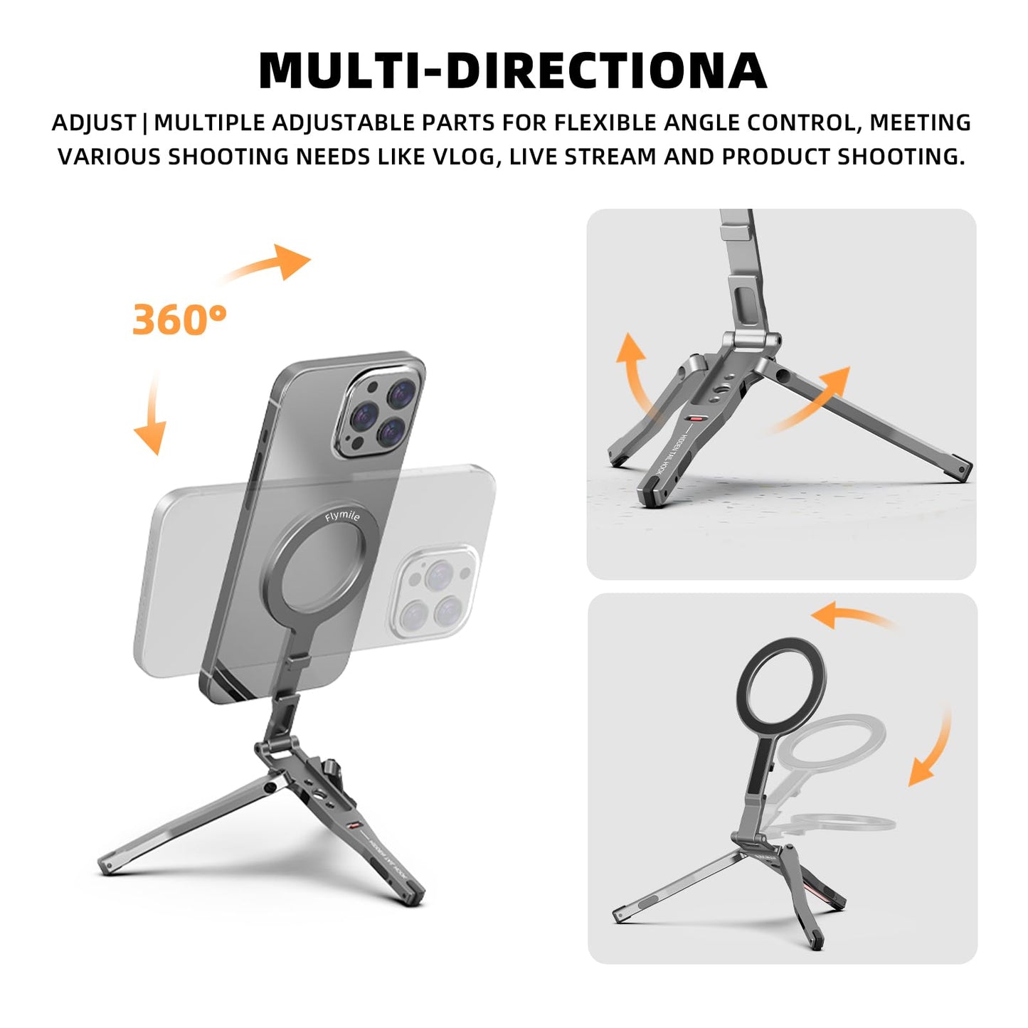 Magnetic Phone Tripod for MagSafe, Aluminium Grip Stand Foldable Portable Mini Desk Travel Phone Holder Adapter with 1/4" Screw & Hook for iPhone 17