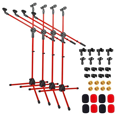 5 Core Tripod Mic Stand Floor Adjustable Sturdy Boom Arm Holder Microphone Stands Pedestal Para Microfono for Singing (Double Mic Stand Red)