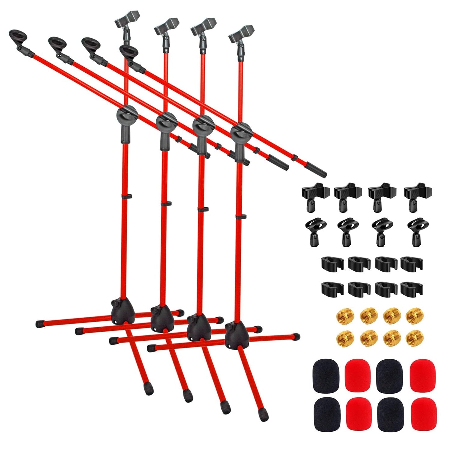 5 Core Tripod Mic Stand Floor Adjustable Sturdy Boom Arm Holder Microphone Stands Pedestal Para Microfono for Singing (Double Mic Stand Red)