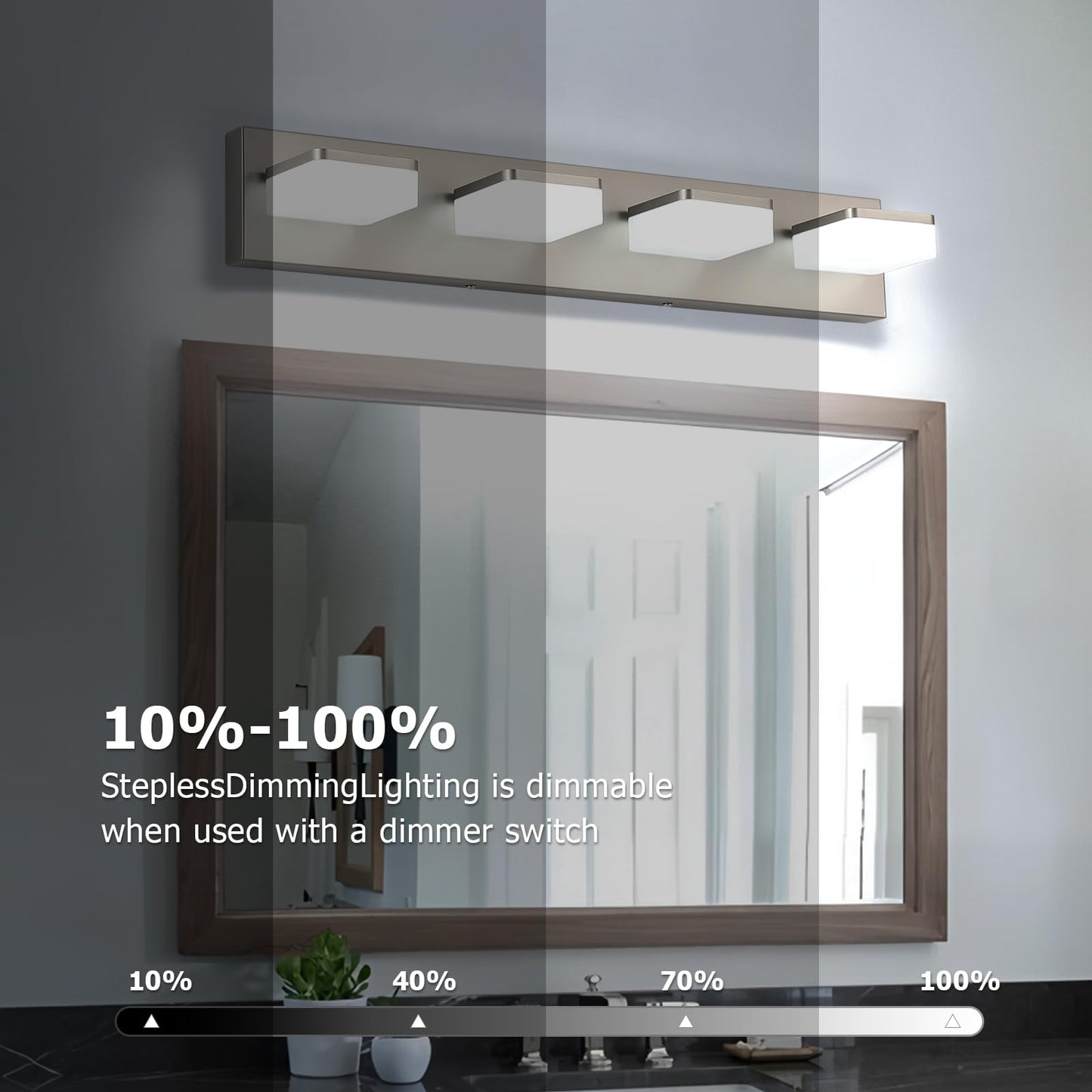 Bicrink LED Vanity Light Fixture for Bathroom, 4-Light Brushed Nickel Bathroom Light Over Mirror, Modern Vanity Lighting Wall Light Fixtures