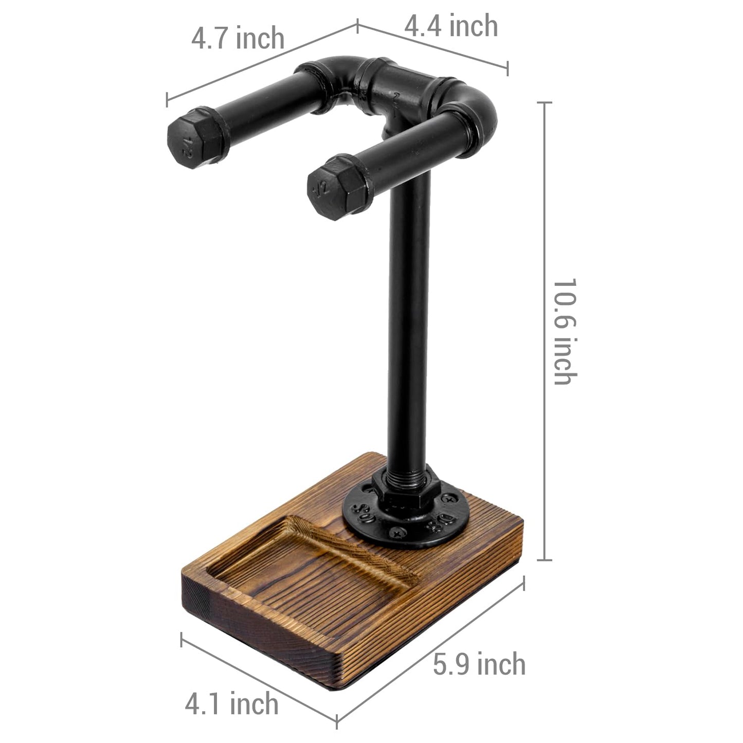 MyGift Headphone Stand, Industrial Black Metal Pipe Universal Desktop Headset Holder with Burnt Solid Wood Tray
