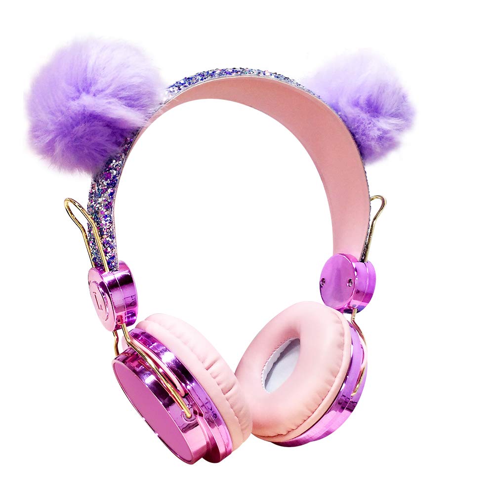 Kids Headphones, Cute Bear Ear Wired Over Ear Girls Headphones, Adjustable Headband, 3.5mm with MIC for Cell Phones Tablets MP3/4,Sparkly Headband…