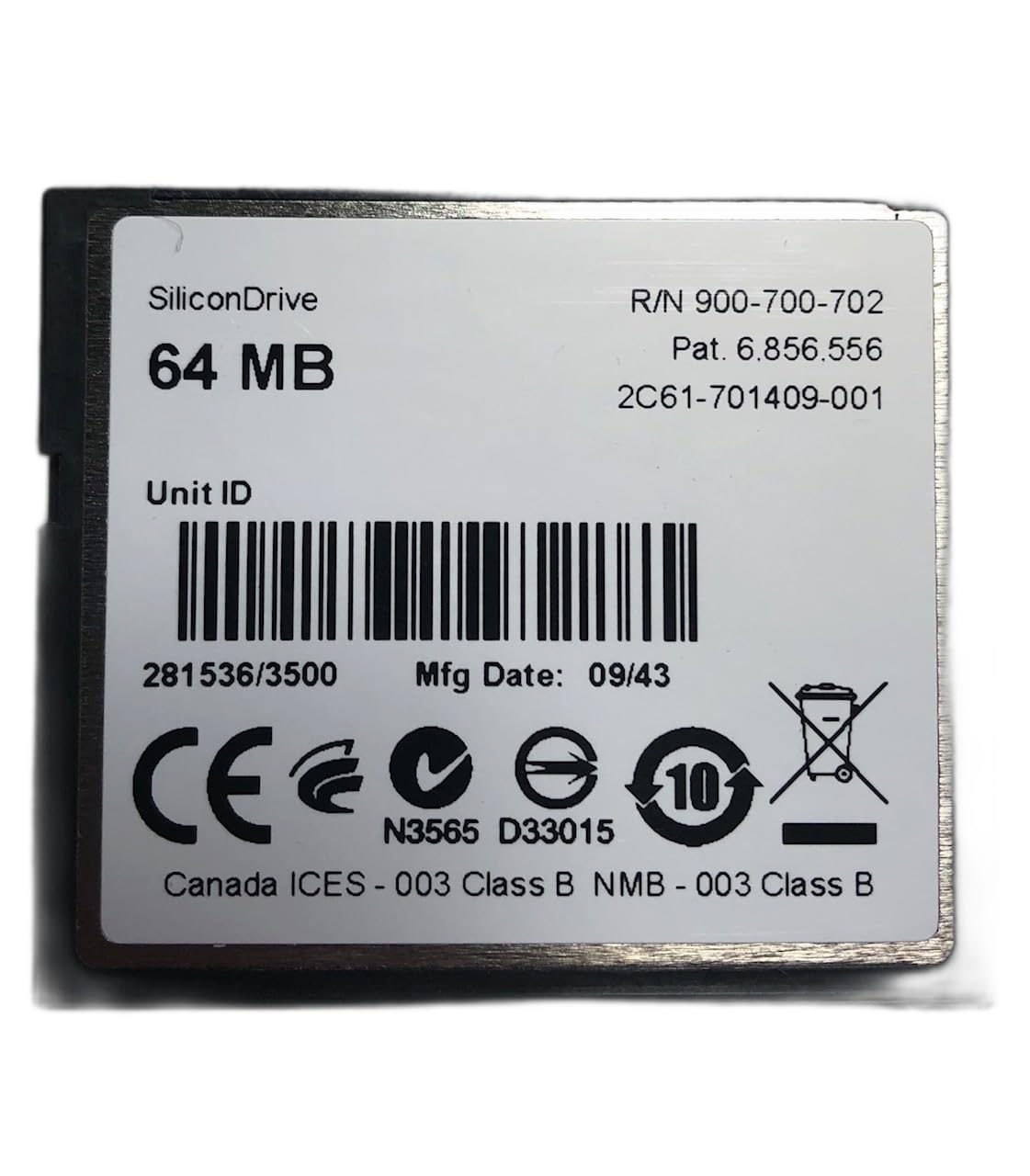 SILICON SYSTEMS SSD-C64M-3012 CF Memory Card, 64MB CF (Compact Flash) 0-70C IND.Grade