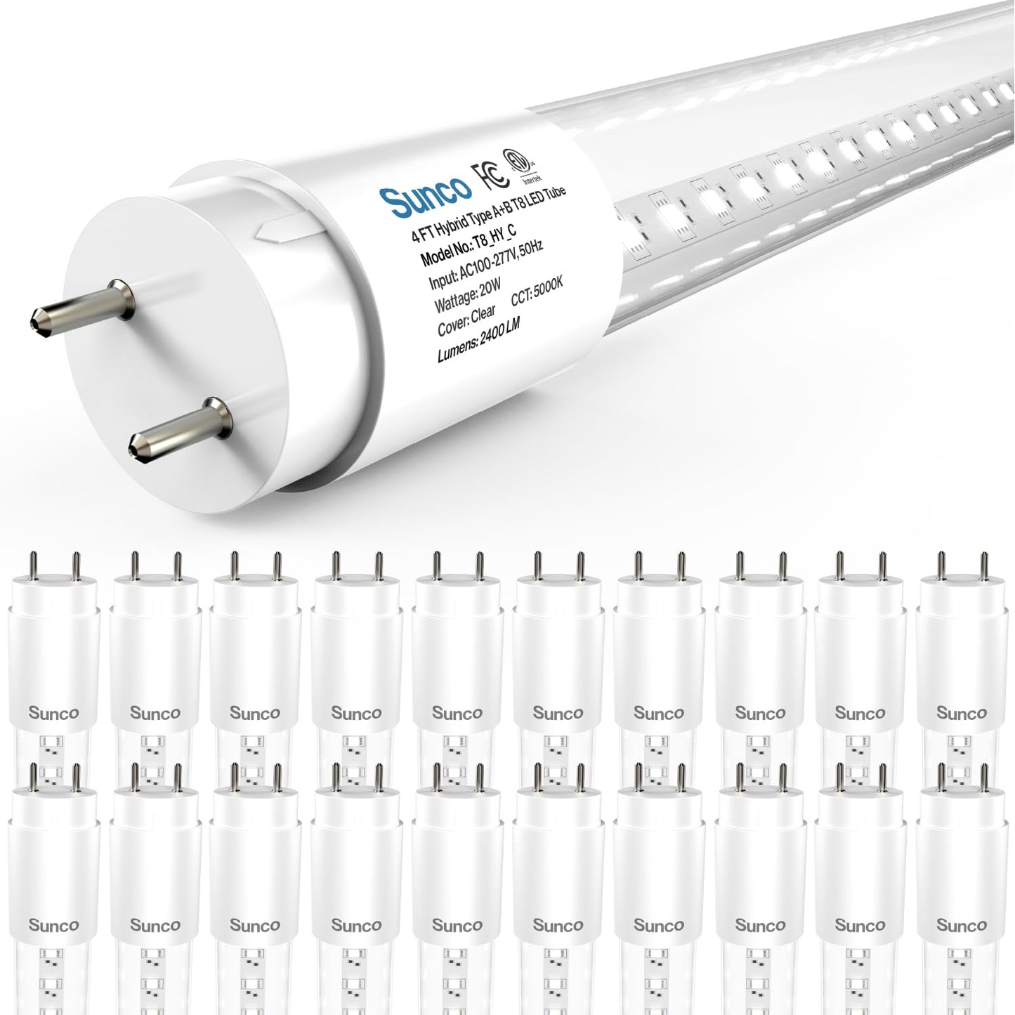 Sunco 20 Pack 4 Foot T8 LED Tube Light Bulbs, 5000K, 20W, Hybrid A+B