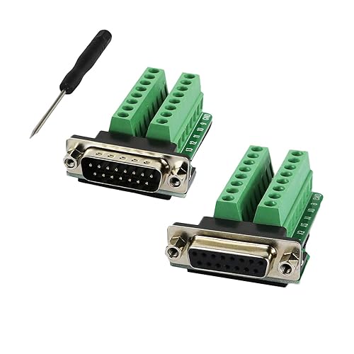 TwinkleBay DB15 Connector to Wiring Terminal Db15 Breakout Board Solder-Free (Male Adapter x 1, Female Adapter x 1 with Nut)