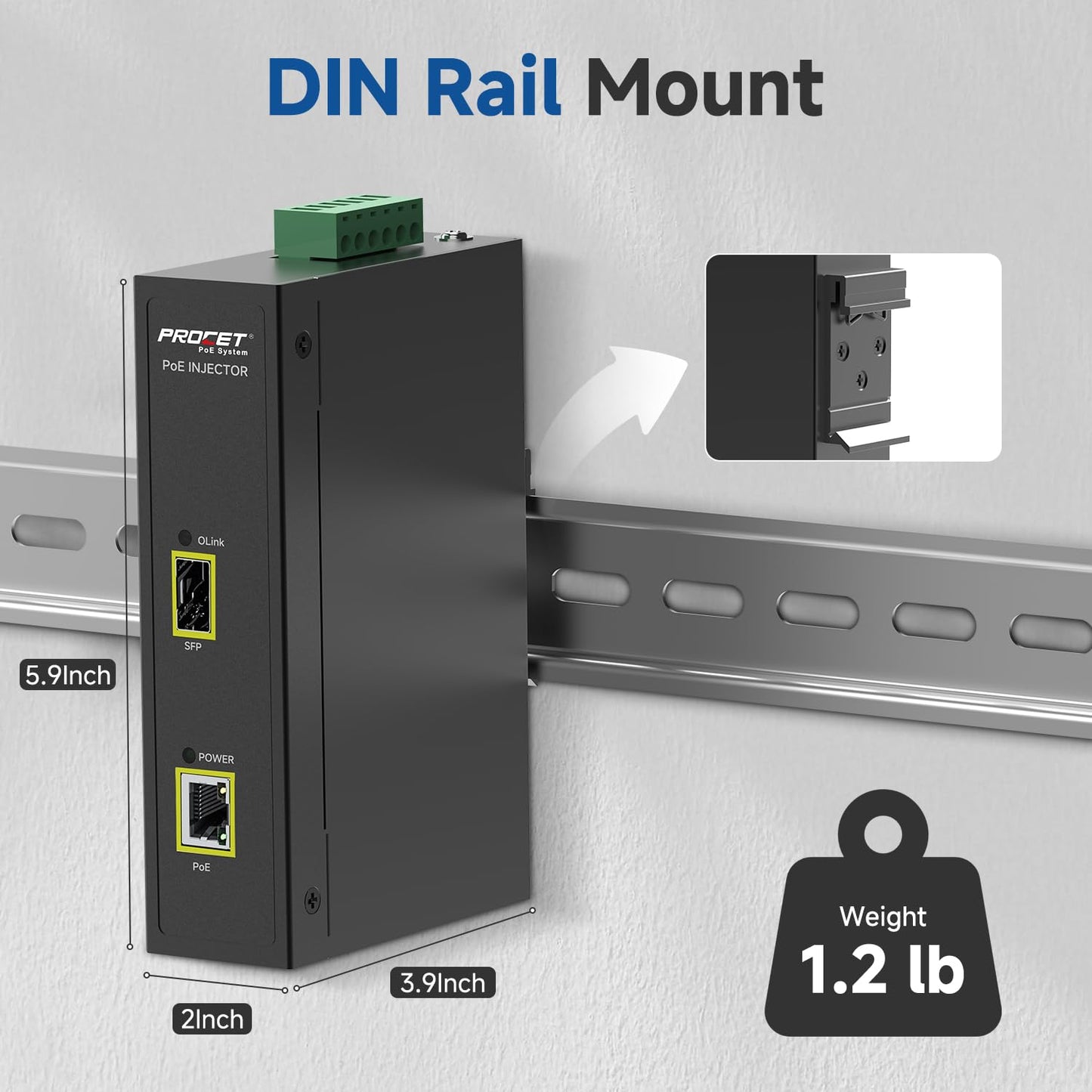 PROCET Gigabit PoE Injector 95W SFP Uplink PoE++ Power Injector DIN Rail, 6KV Surge Protection, -40°F to 149°F for UniFi/Sisco Wireless AP, PTZ AI