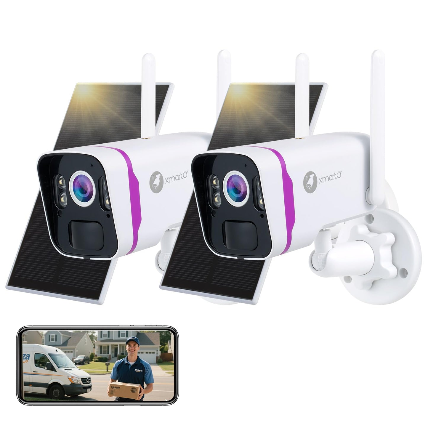 xmartO 2Pack Wireless Solar Outdoor Security Camera, 4MP 2K QHD WiFi6 Camera, All Weather 9000mAh Battery, IR&Color Night Vision, PIR Detection, 2-Way