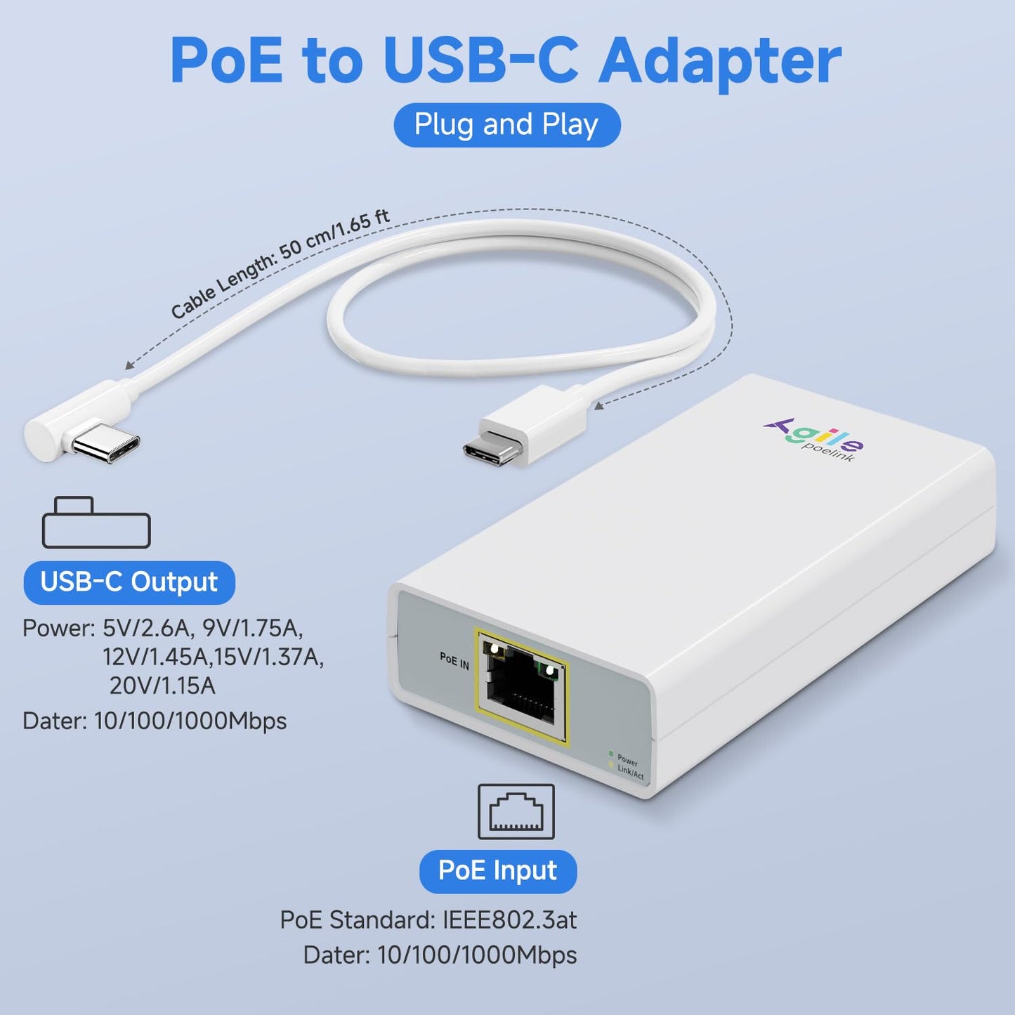 Gigabit PoE to USB C Converter for Smart Phone/Tablet, USB-C to Ethernet Adapter with 23W Charging, Power & Data 2-in-1 RJ45 Port to Type-C Adapter