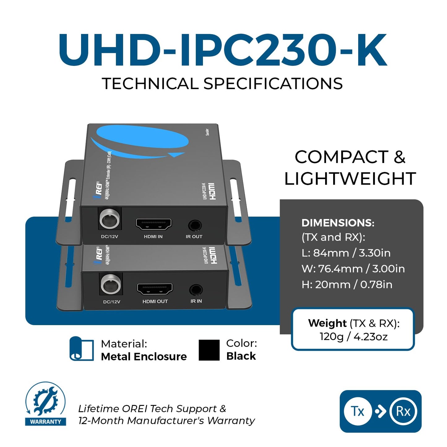 OREI HDMI Over Ethernet Extender via CAT6/7-4K@60Hz Up to 230 ft - HDMI 2.0 & HDCP 2.2 Compliant - 18Gbps Video Bandwidth with HDR 10 - Power Over