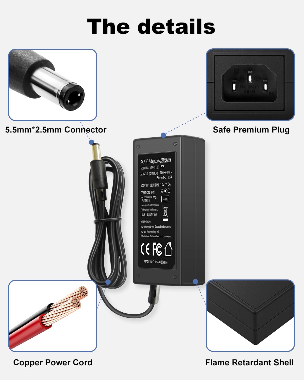 12V 5A DC Regulated Power Supply, AC100-240V 50-60Hz to DC 12 Volt 5 Amp Replacement Power Adapter Cord, 5.5mm x 2.5mm Barrel Jack, Tip Center…