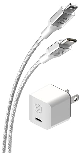 Scosche PowerVolt PD30 USB-C 30W Mini Adapter Plug, Power Delivery 3.0 Home Wall Charger with 8 FT Long Type-C to Lightning Fast Charging Cable, Block