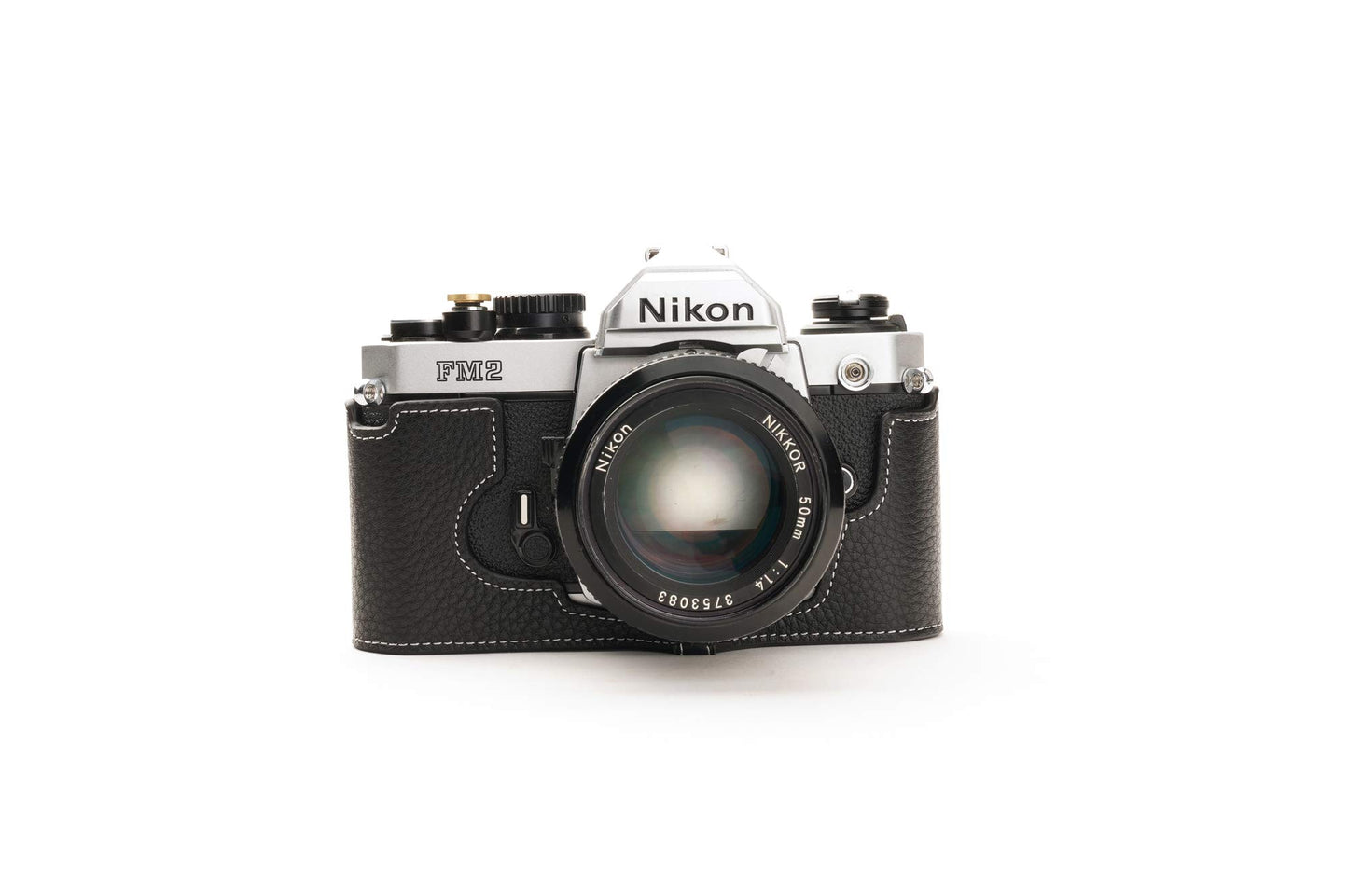 Nikon FM2 Case, BolinUS Handmade Genuine Real Leather Half Camera Case Bag Cover for Nikon FM2 FM FE FM2n FE2 With Hand Strap (Black)