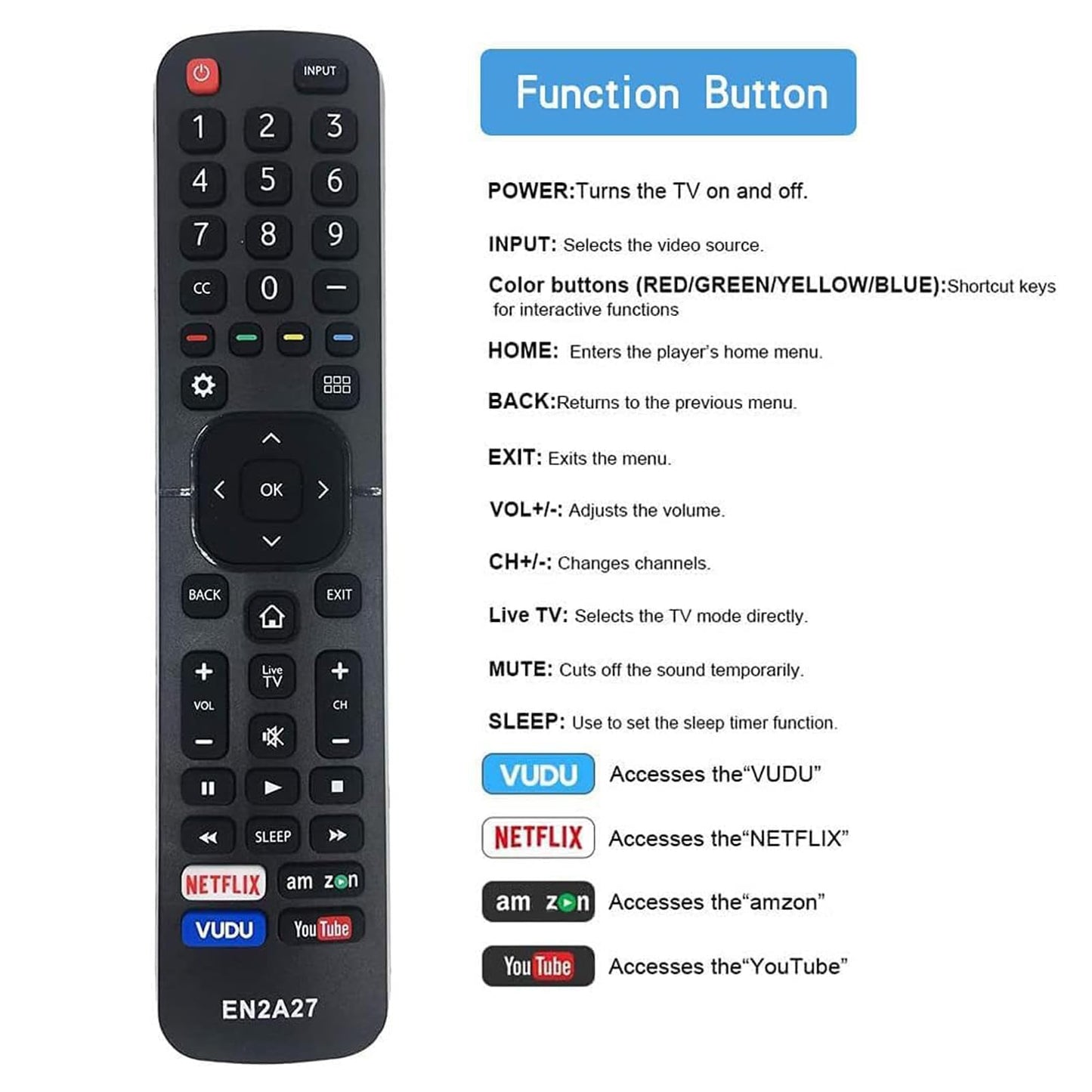 SMATAR Replacement for Hisense Remote, EN2A27 Remote Control for Hisense Smart TVs EN2A127H EN2A27HT EN2AN27H EN2AS27H EN2D27 EN33924HS EN33925A