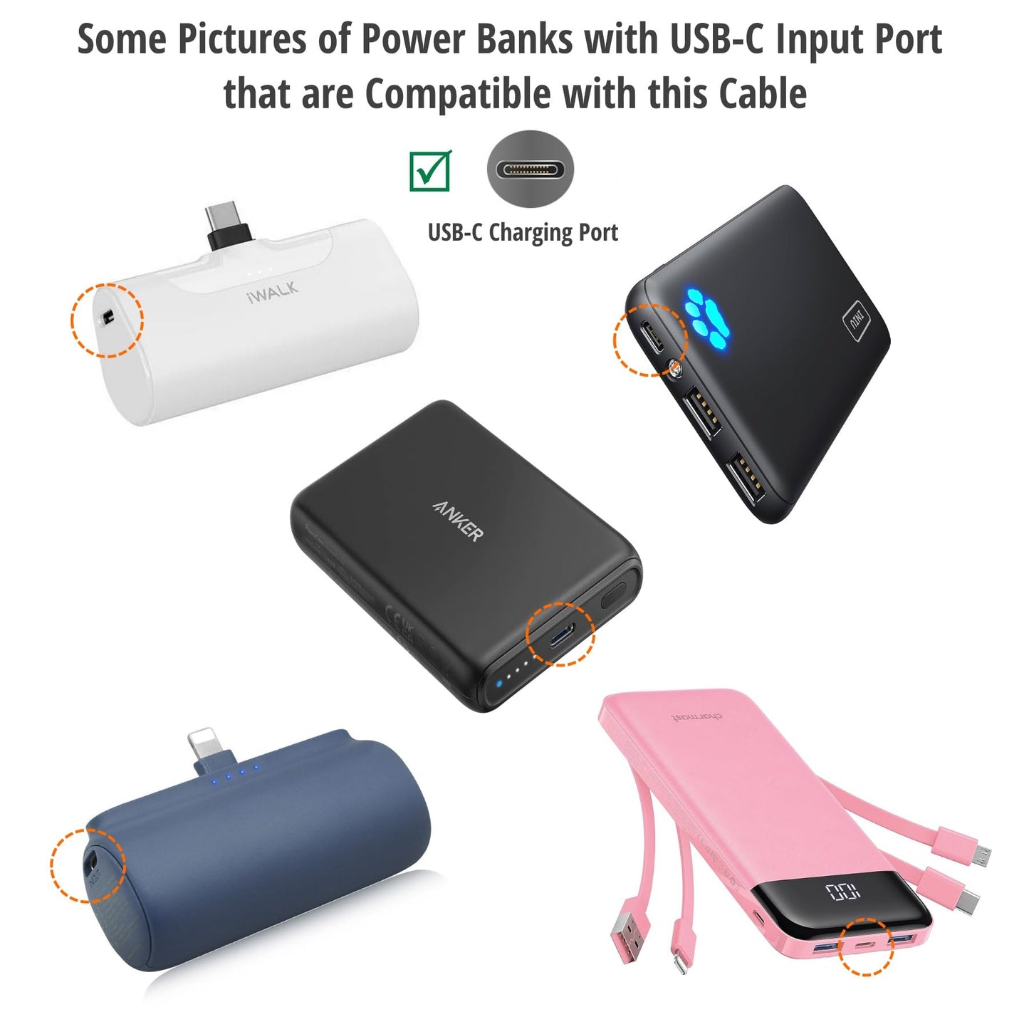 USB-C Charging Cable Cord Wire for Power Banks Compatible with iWalk, Spigen PocketBoost, INIU, RAVPower, BONAI, Anker USBC & Other PowerBanks