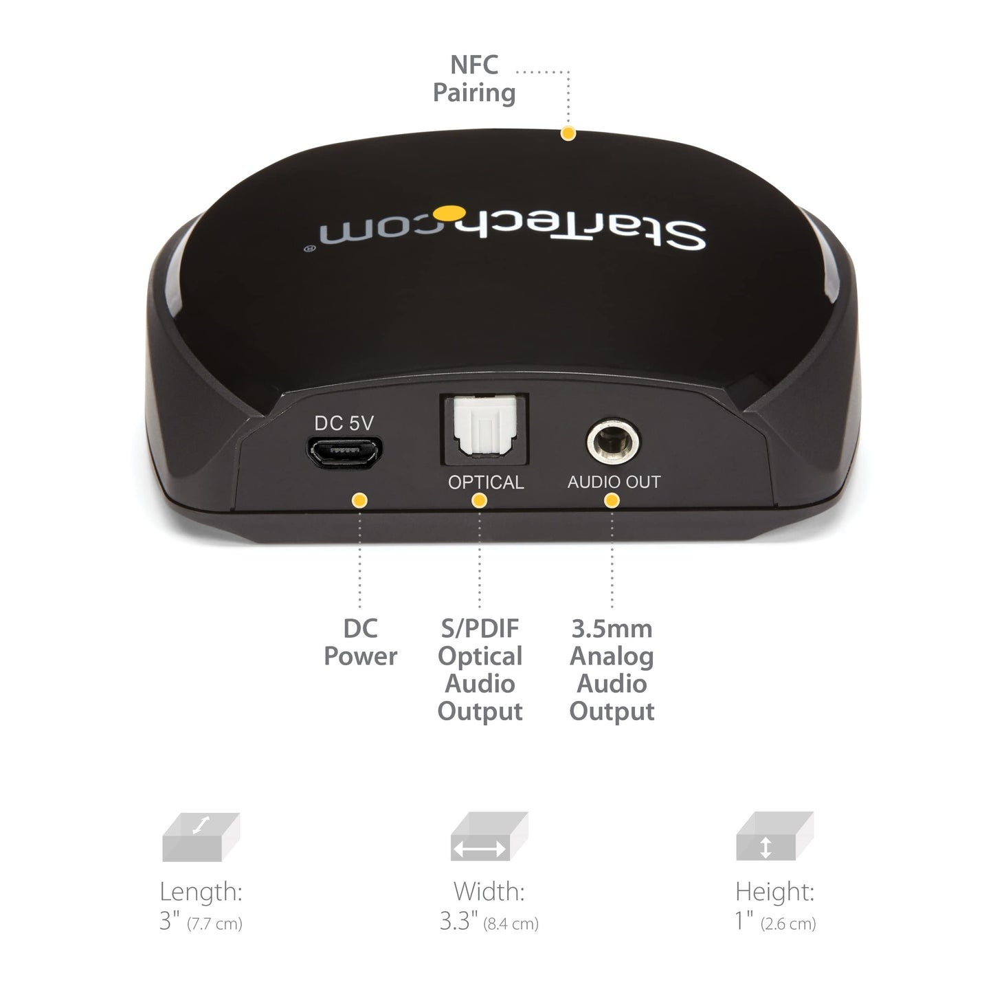 StarTech.com Bluetooth 5.0 Audio Receiver with NFC - Bluetooth Wireless Audio Adapter BT 5.0-66ft (20m) Range - 3.5mm/RCA or Digital Toslink/SPDIF