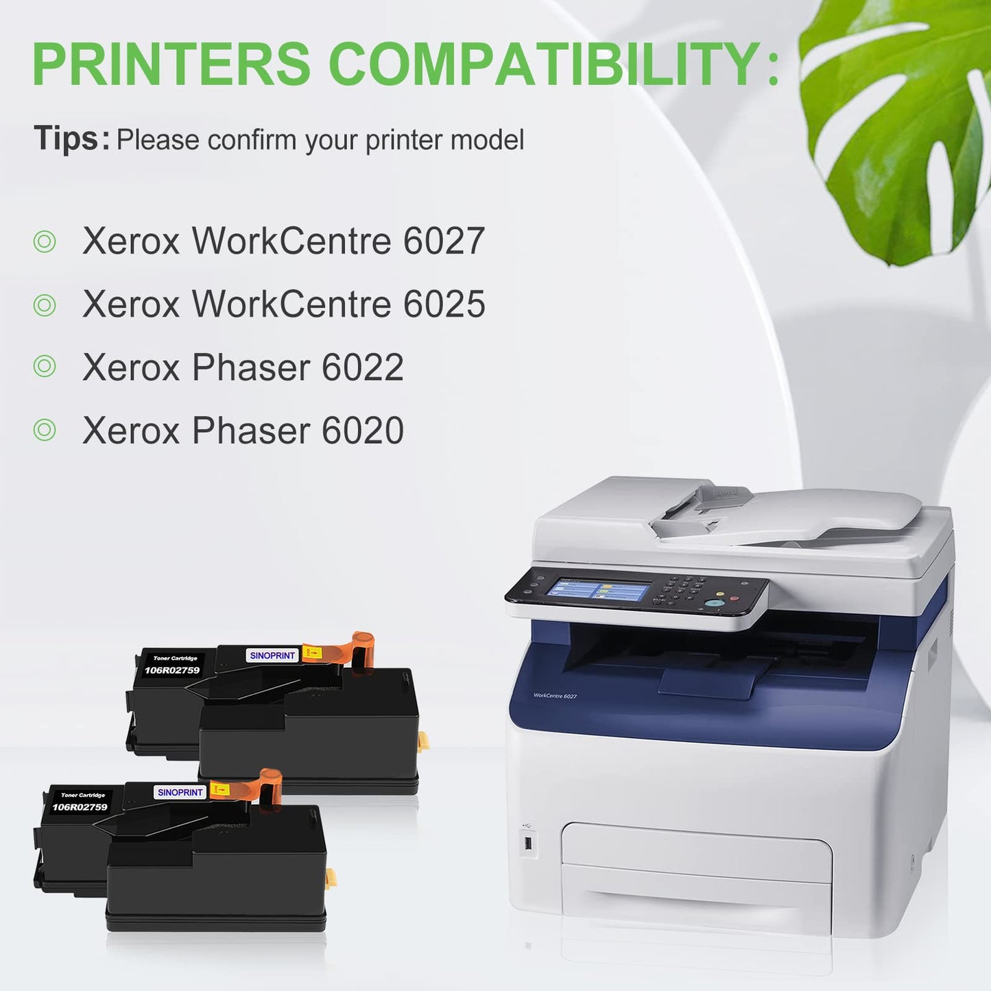 SINOPRINT Phaser 6022, Compatible 6020 Toner Cartridge Replacement for Xerox WorkCentre 6027 6025 Phaser 6020 6022 Printer, High Yield 2,000 Pages