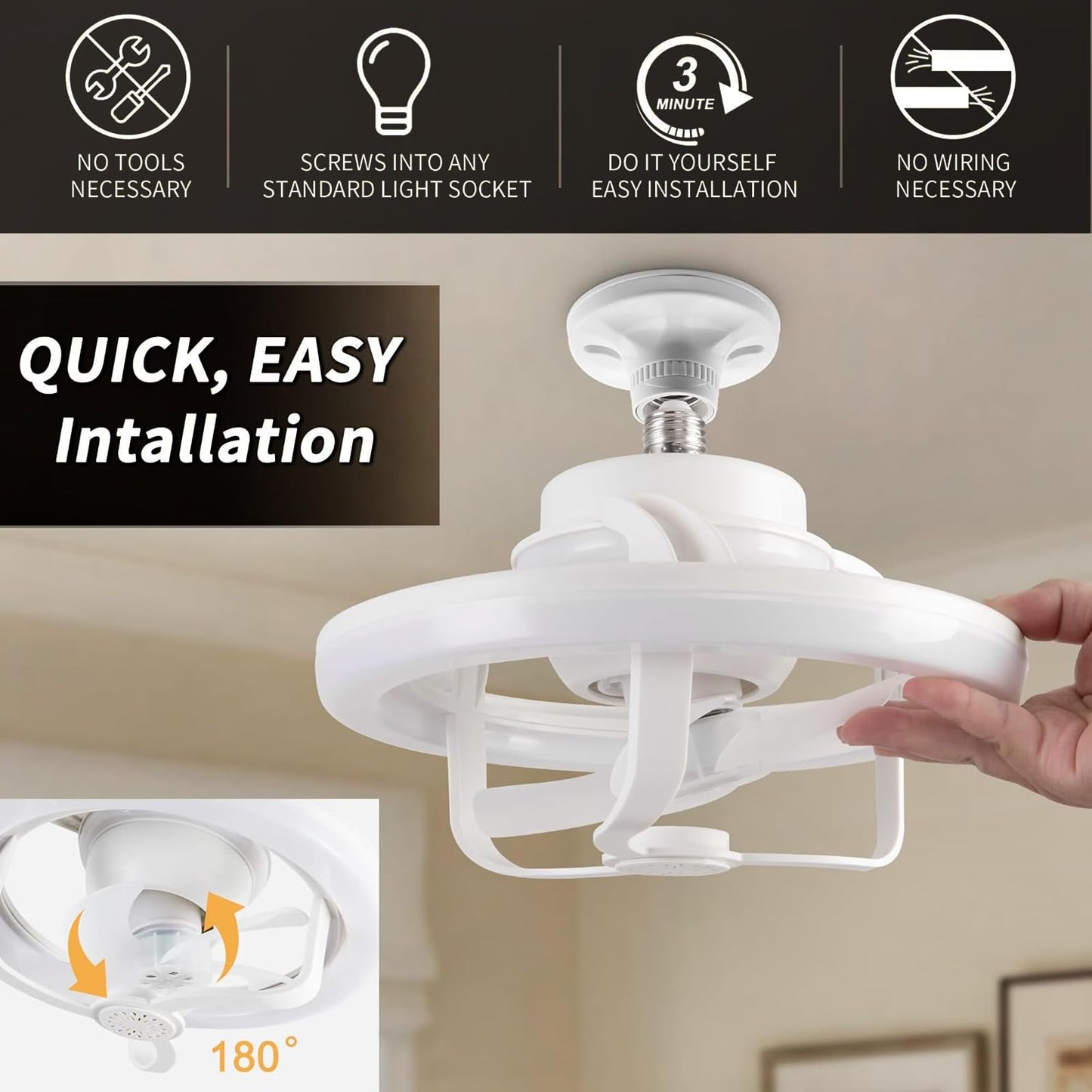 VANLUDA Socket Fan Light,11 Inches E26/E27 Ceiling Fan with Light Dimmable+RGB Atmosphere Lighting,360°Rotation Light Socket Fan 3 Speeds Fan Light