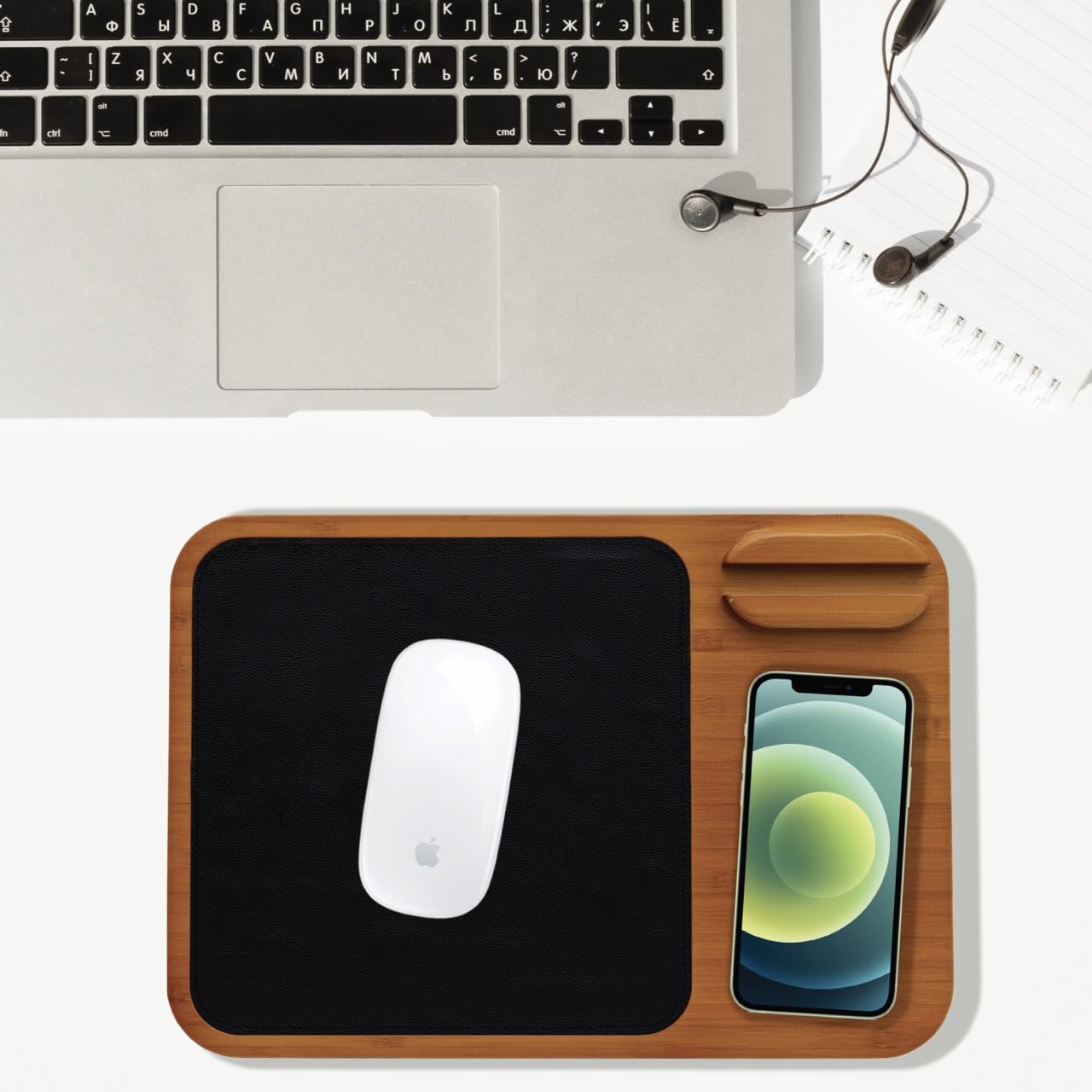 Oliver Gray Mousepad with Wireless Charger - 3-in-1 Wooden Wireless Charging Station & Phone Holder, Premium Vegan Leather Desk Charger Mat
