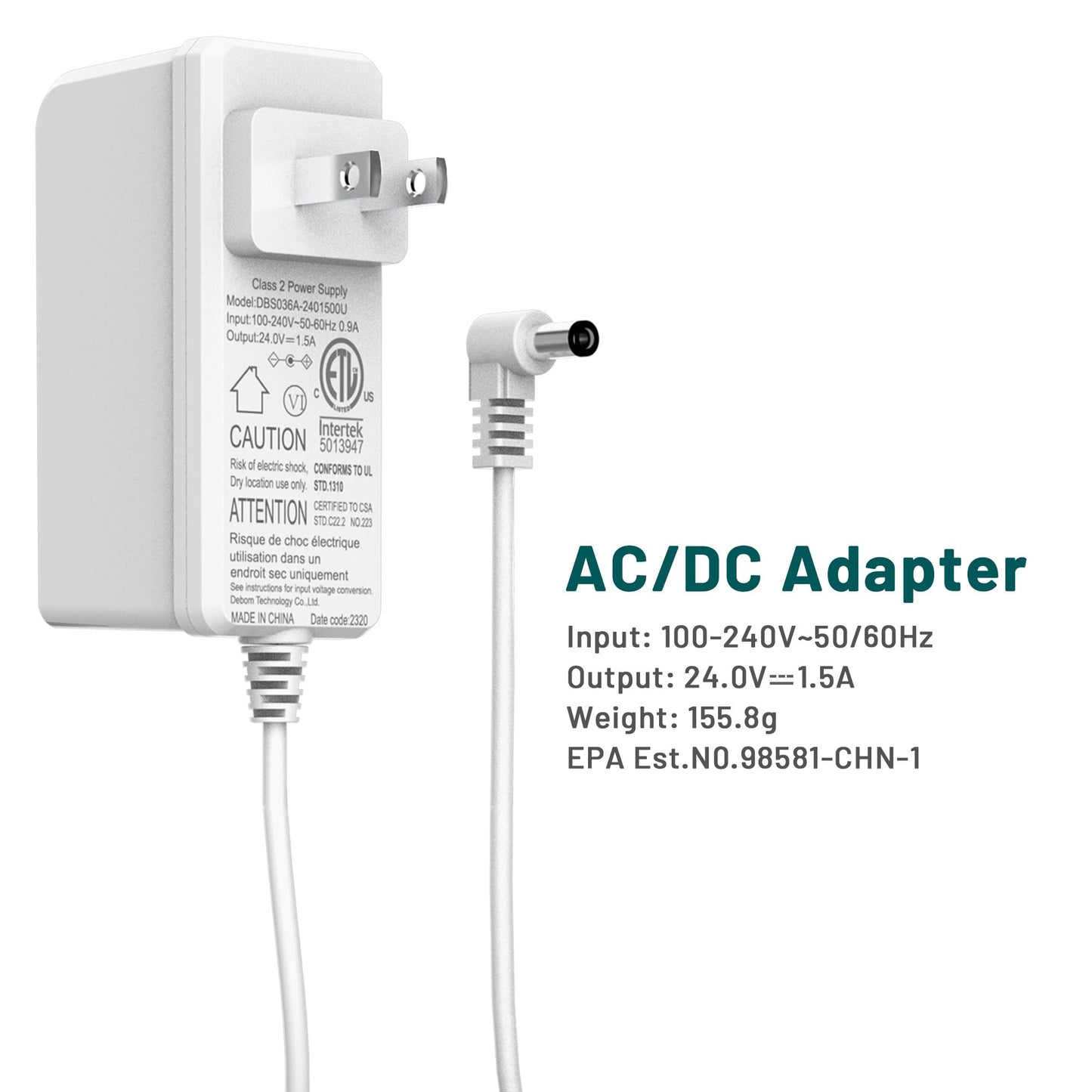 Air Purifier Power Adapter Charger Suitable for Jafända JF180/JF260 Replacement Charger 24V 1.5A(Size : White US/CA)