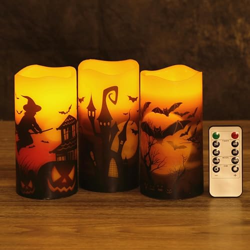 OWLZOO Set of 3 Halloween Flameless Pillar Candles, Battery Operated LED Candles with Timers & Remote, Orange Wax Warm Light Flickering Witch Bats