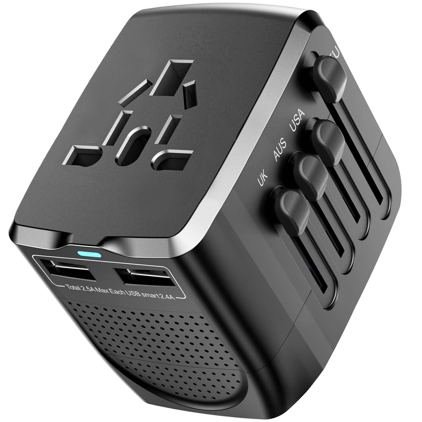 International Travel Adapter & Voltage Converter – 100V-240V Combo with 2 USB Ports, USA to UK, EU, AU Plug for 200+ Countries