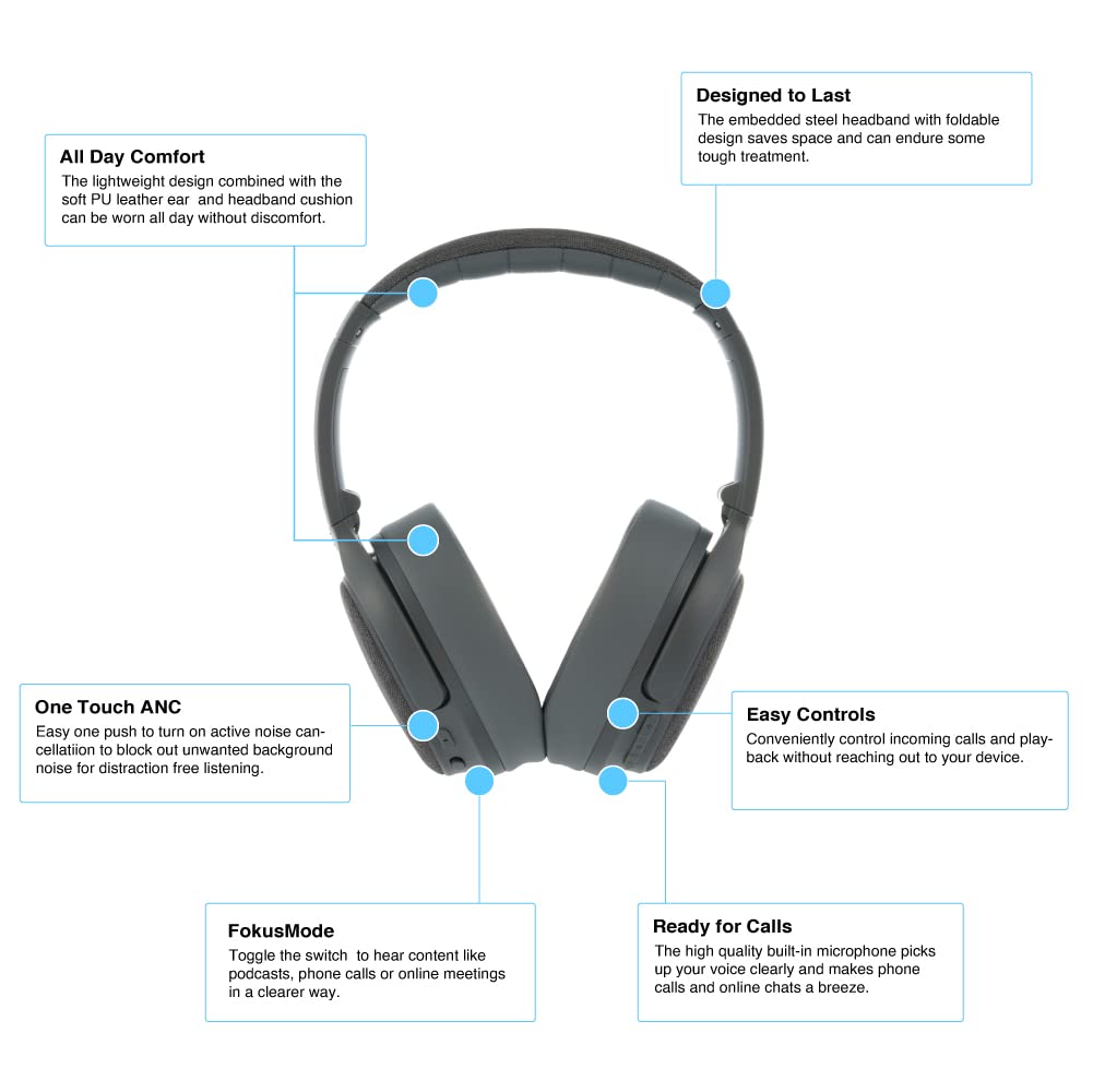 Made for Amazon, Active Noise Cancelling Bluetooth Headphones with Built-in Microphone | Grey