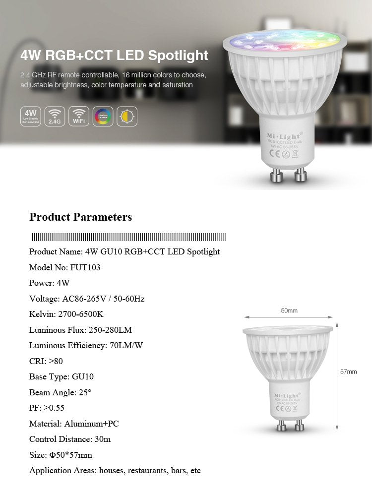 LGIDTECH FUT103 Miboxer 4W GU10 LED 2.4GHz Bulb Spotlight RGB+CCT Color Changing and CCT Temperature Adjustable,Dimmable,Memory Function.Smartphone