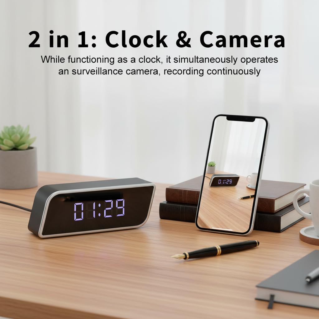 Unohoe Multi-Functional 4K Clock Camera with Night Vision, WiFi & AP Hotspot, App Remote View, Motion Detection, 2600mAh Long Battery Life, Smart