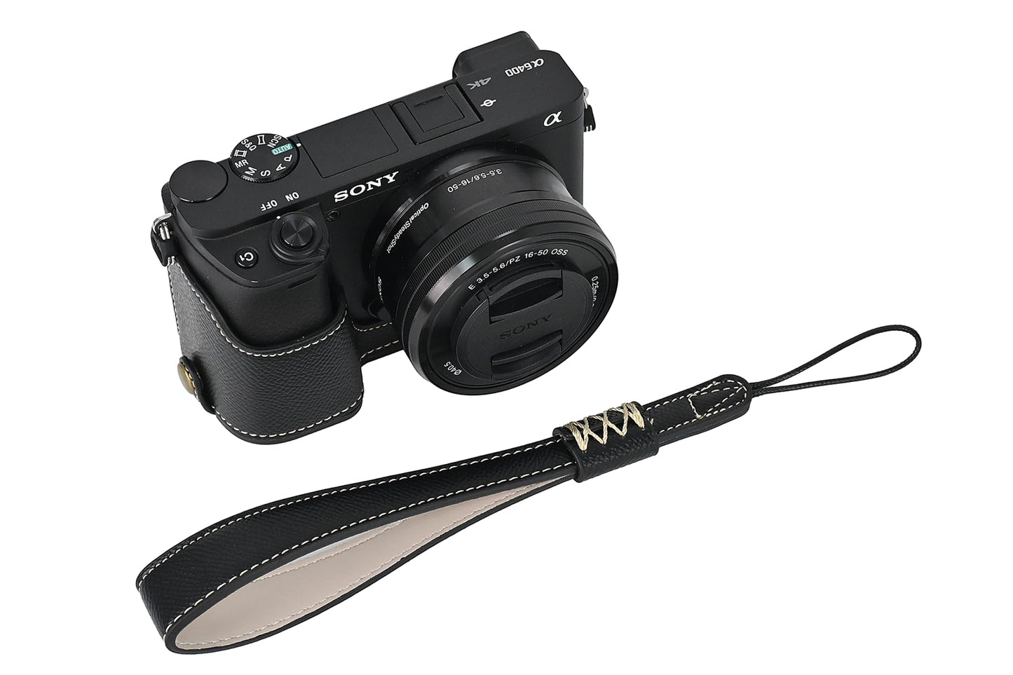 BMAOLLONGB A6400 Case, Handmade PU Carbon Fibre Leather Half Camera Case Bag Cover Bottom Opening Version for Sony Alpha A6400 With Hand Strap (Black)
