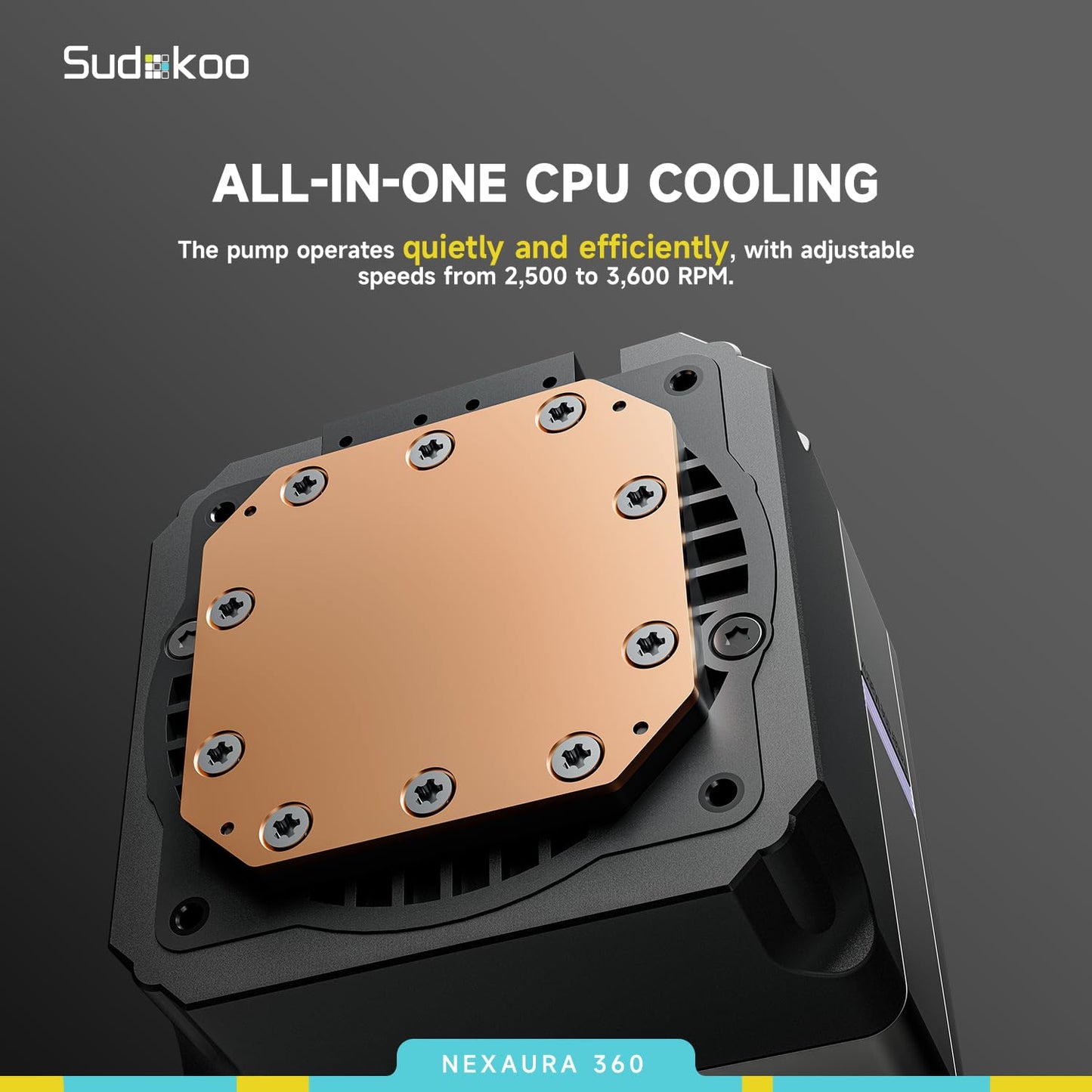 Sudokoo NEXAURA 360 Liquid CPU Cooler: 360mm AIO CPU Cooler with PWM Pump & ARGB Pump Head - Water Cooling with FDB Fans for Intel LGA