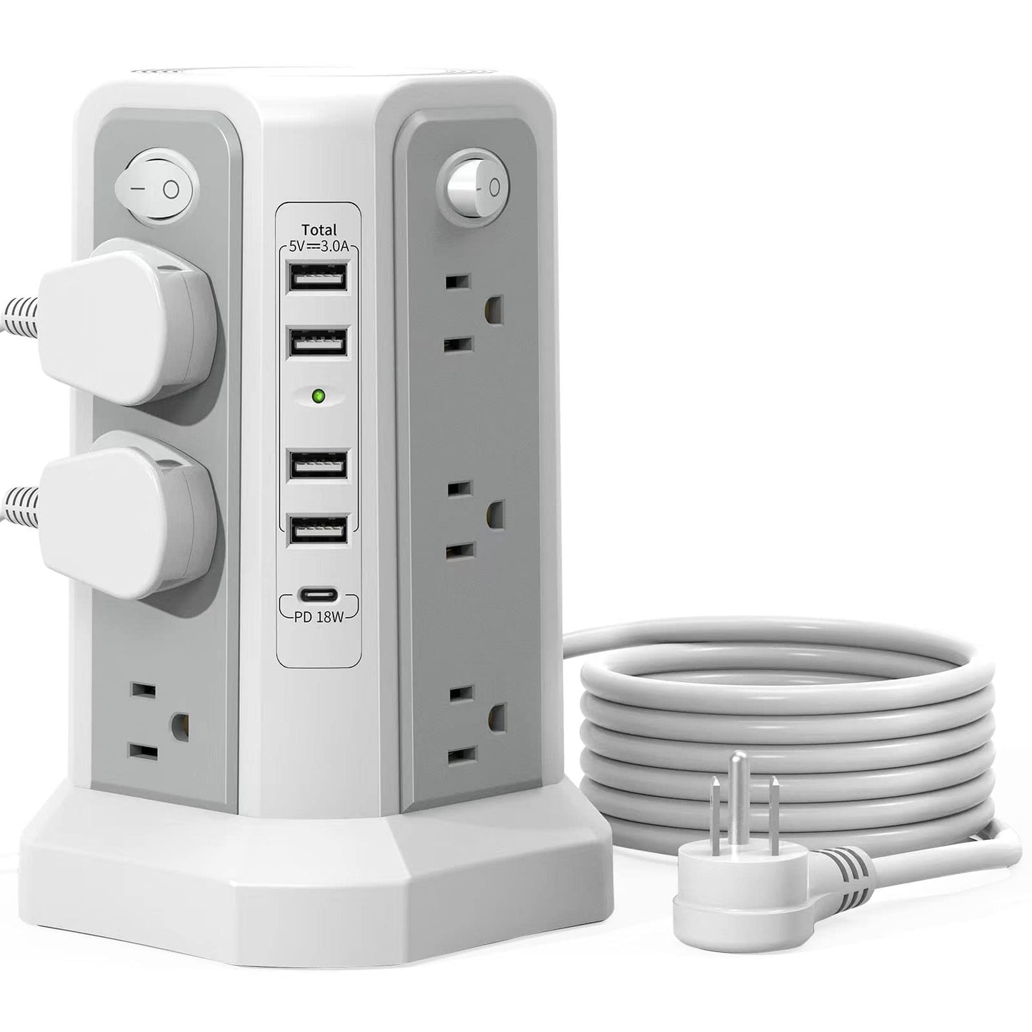 Surge Protector Power Strip Tower with PD18W USB C Port,10FT Extension Cord with 12 AC Mutiple Outlets 5 USB Charging Ports, PASSUS Power Tower Surge
