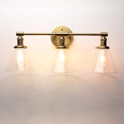 Phansthy 3-Light Wall Sconces Antique Brass Vanity Light, Industrial Wall Lamps with On Off Switch and Clear Glass Lampshade, Vintage Wall Lighting