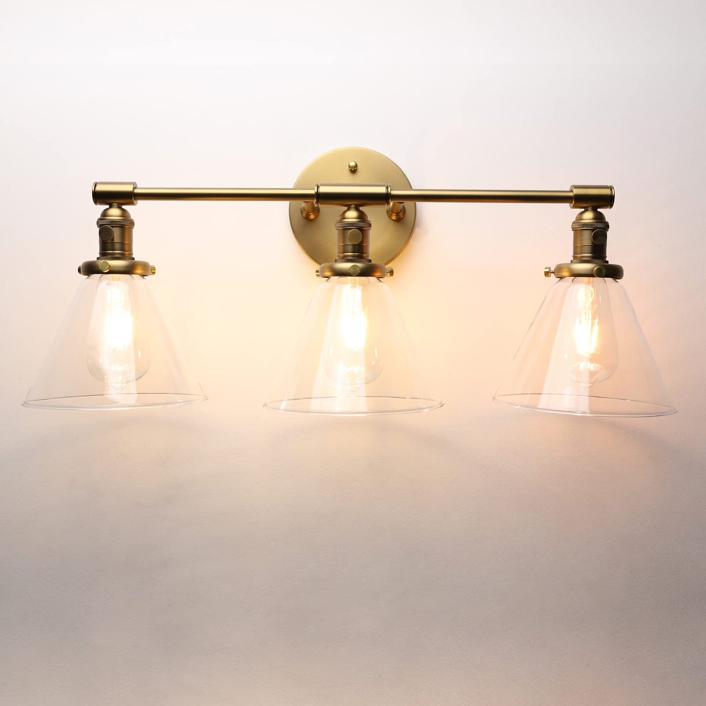 Phansthy 3-Light Wall Sconces Antique Brass Vanity Light, Industrial Wall Lamps with On Off Switch and Clear Glass Lampshade, Vintage Wall Lighting