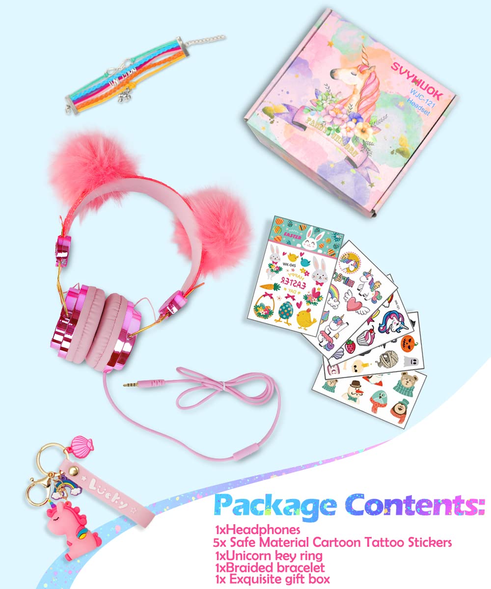 SVYHUOK Girls Pink Pompon Wired Headphones,Cute Cat Ear Kids Game Headset for Teens Tablet Laptop PC,Over Ear Children Headset withMic,for School…