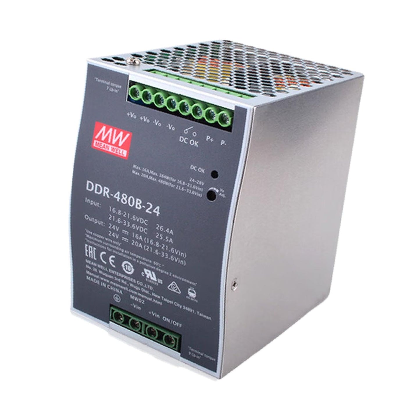 Mean Well USA DDR-480B-24 DC-DC Converter, DIN Rail, 480W, 24V, 20A, 16.8-33.6V In