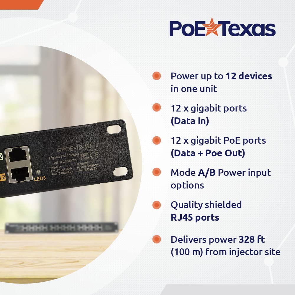 PoE Texas - PoE Injector - 12 Port Gigabit Passive Midspan Injector - Add or Increase Power Over Ethernet to Your Network for 802.3af or at Devices