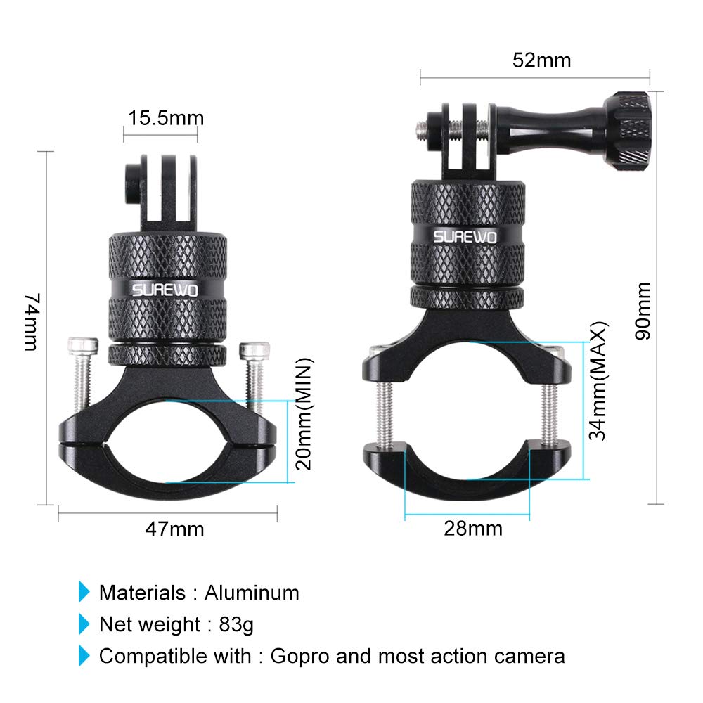 SUREWO Bike Mount for Action Cameras, Aluminum Handlebar Mount Compatible with GoPro Hero 13/12/11/10/9/8/7/6/5 Black, GoPro Max, DJI Osmo Action