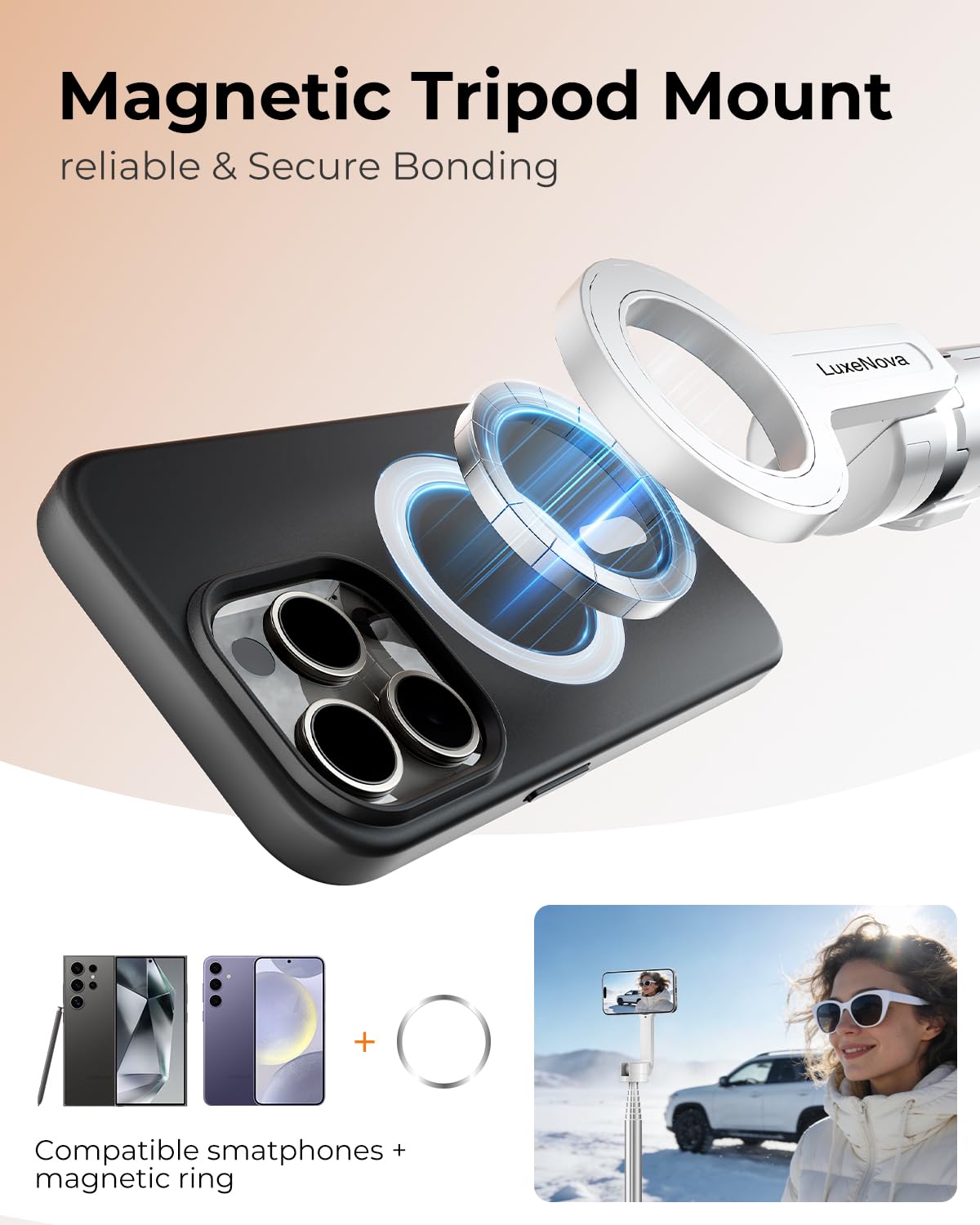 72'' Magnetic Selfie Stick Tripod for iPhone MagSafe - One-Click Open Stable Stand, Strong Magnetic Mount, 360° Rotation, Extendable Aluminum
