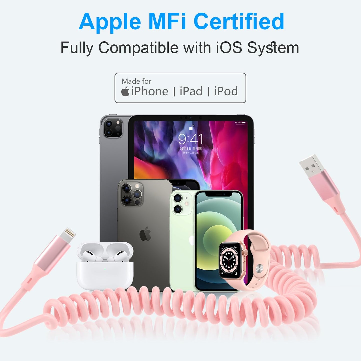Coiled iPhone Lightning Cable Apple Carplay Cord, MFi Certified 6FT USB to Lightning Car Charger Cable Pink Short Curly with Data Sync, for iPhone 14…