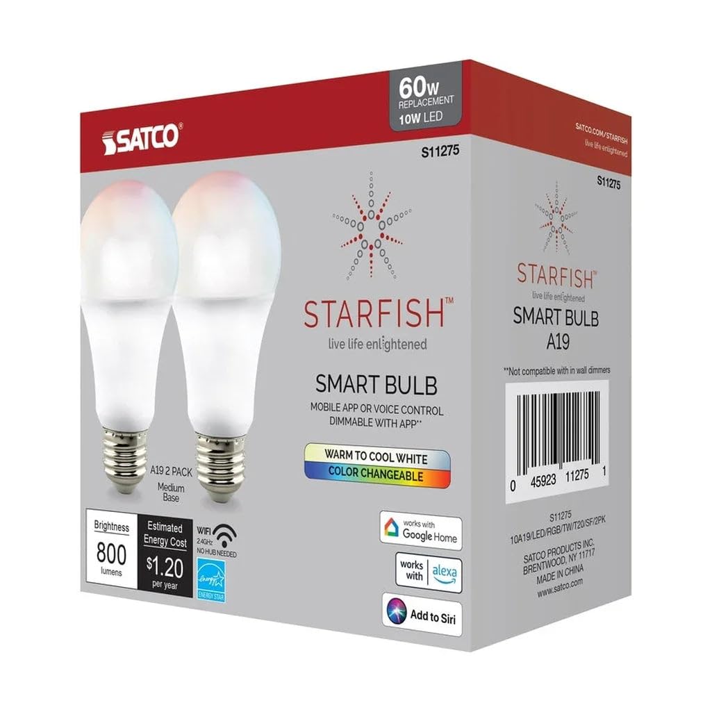 Satco S11275 Starfish A19 WiFi Smart LED Color-Changing Light Bulb, Works with Siri, Alexa, Google Assistant, SmartThings, 2700K-5000K, 2-Pack