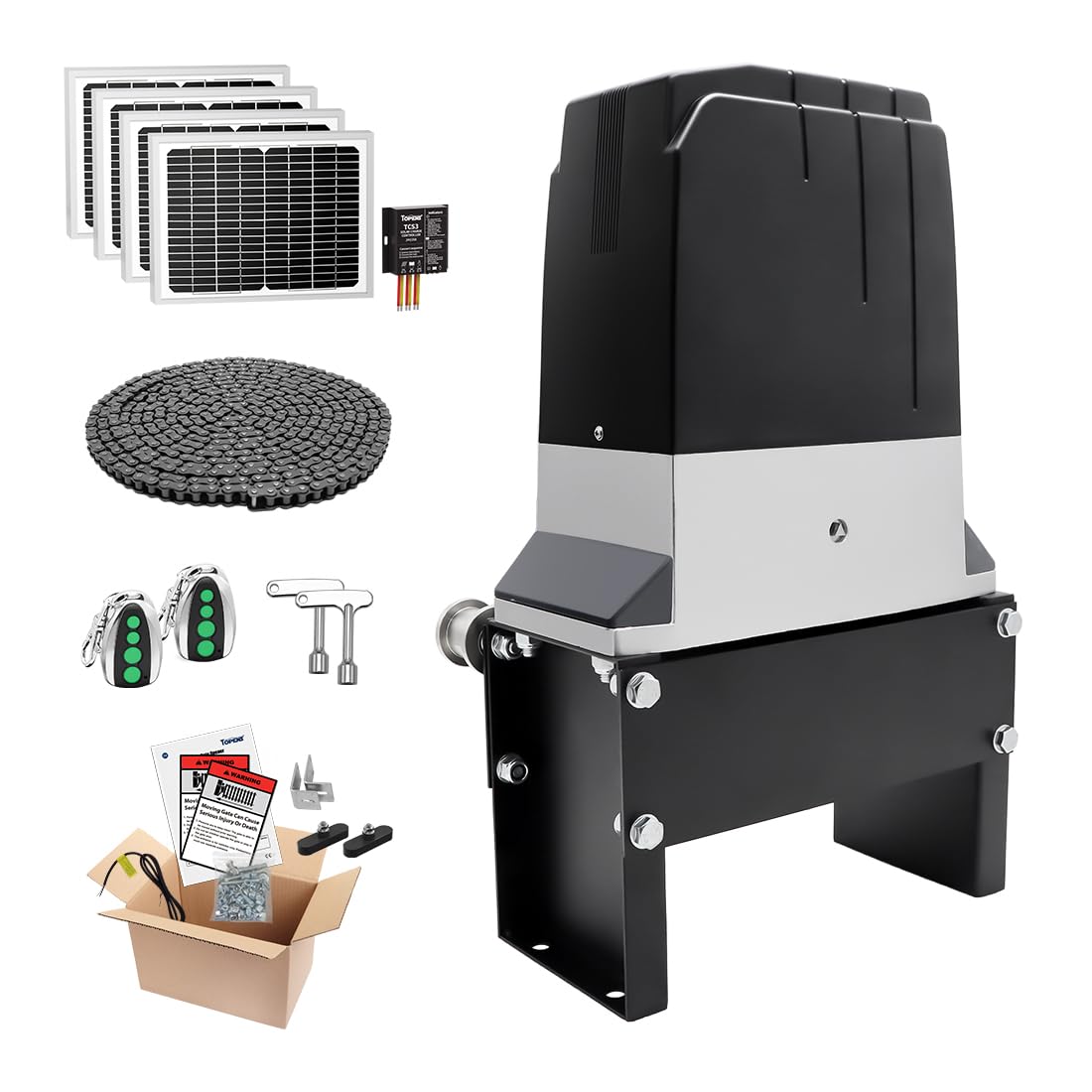 TOPENS DKC2000S Solar Sliding Gate Opener Chain Drive Automatic Gate Motor for Heavy Driveway Slide Gates Up to 4400 Pounds, Electric Gate Operator