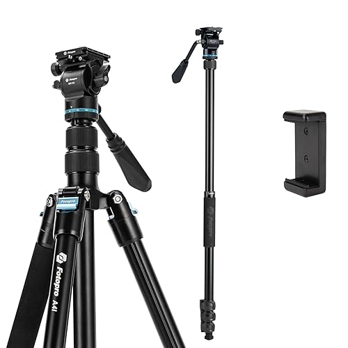 Fotopro 73'' Camera Tripod, Foldable Aluminum Tripod/Monopod, Detachable Fluid Head with Quick Release Plate, Lightweight Tripod for Camera, Phone