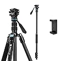Fotopro 73'' Camera Tripod, Foldable Aluminum Tripod/Monopod, Detachable Fluid Head with Quick Release Plate, Lightweight Tripod for Camera, Phone