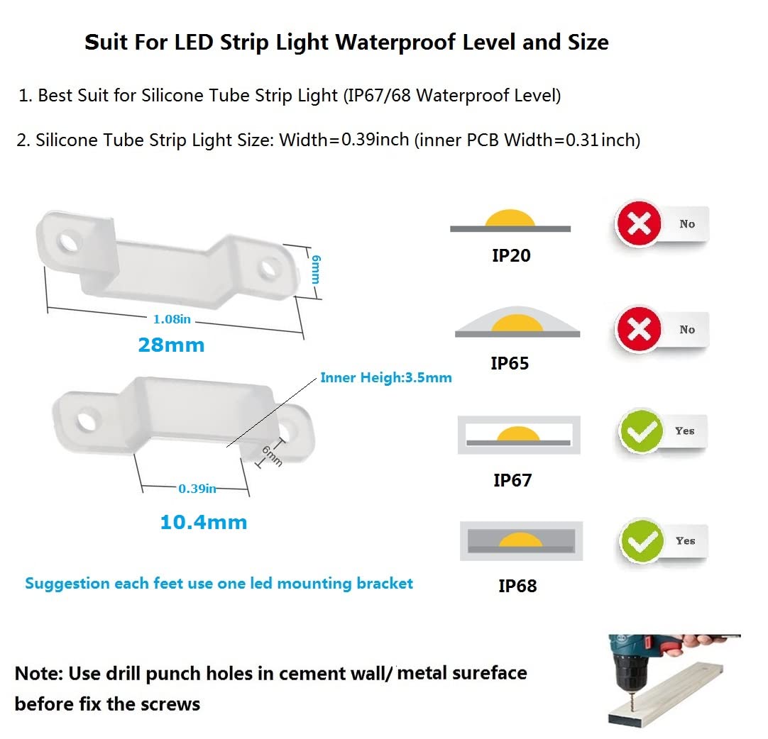 MSDUSA 100 Pack LED Strip Light Mounting Brackets LED Strip Light Holder with 200 Screws Included (Ideal for 10mm/0.41in Wide IP67/68 Waterproof Strip