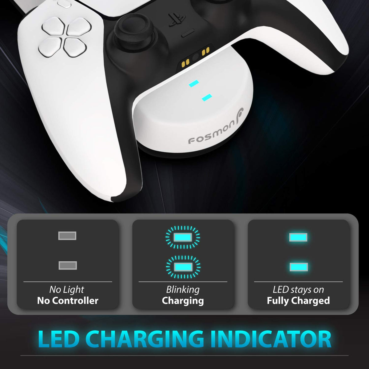 Fosmon PS5 Controller Charger (Place and Charge) Two Slots USB Type C Fast Charge Docking Station Charging Dock Kit with LED Indicators Compatible