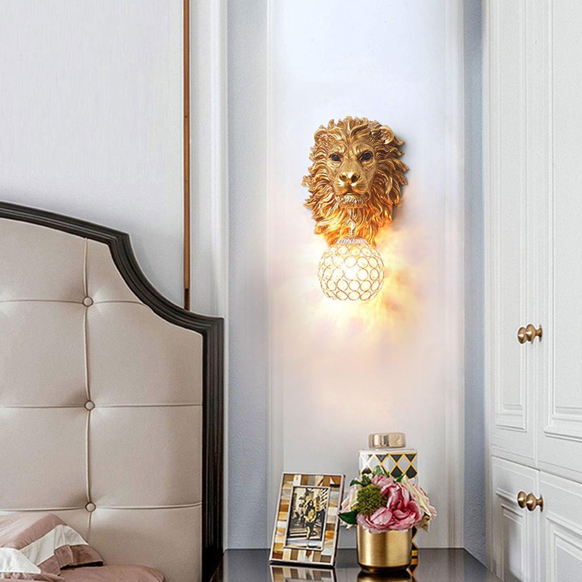 Pobllem Gold Lion Head Wall Sconces Set of 2, Modern Luxury Crystal Globe Wall Lamp, Resin Animal Head Decorative Wall Mounted Light Fixtures