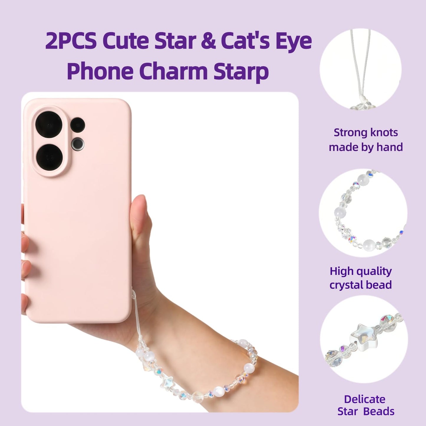 NUANJUYU Cute Sparkling Star & Cat's Eye Phone Lanyard, Beaded Crystal Charm Strap for Phone Keys Purse - Gift for Women Girls?White ?