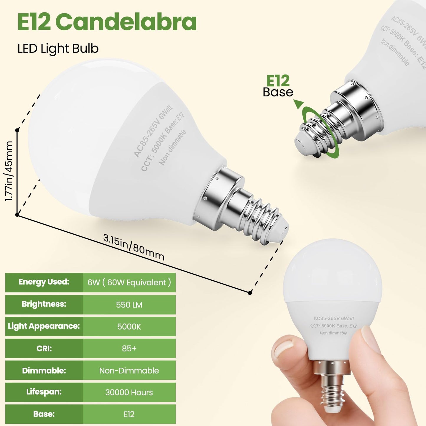 A15 Shape E12 LED Ceiling Fan Light Bulbs, 60W Equivalent, 5000K, 6 Pack
