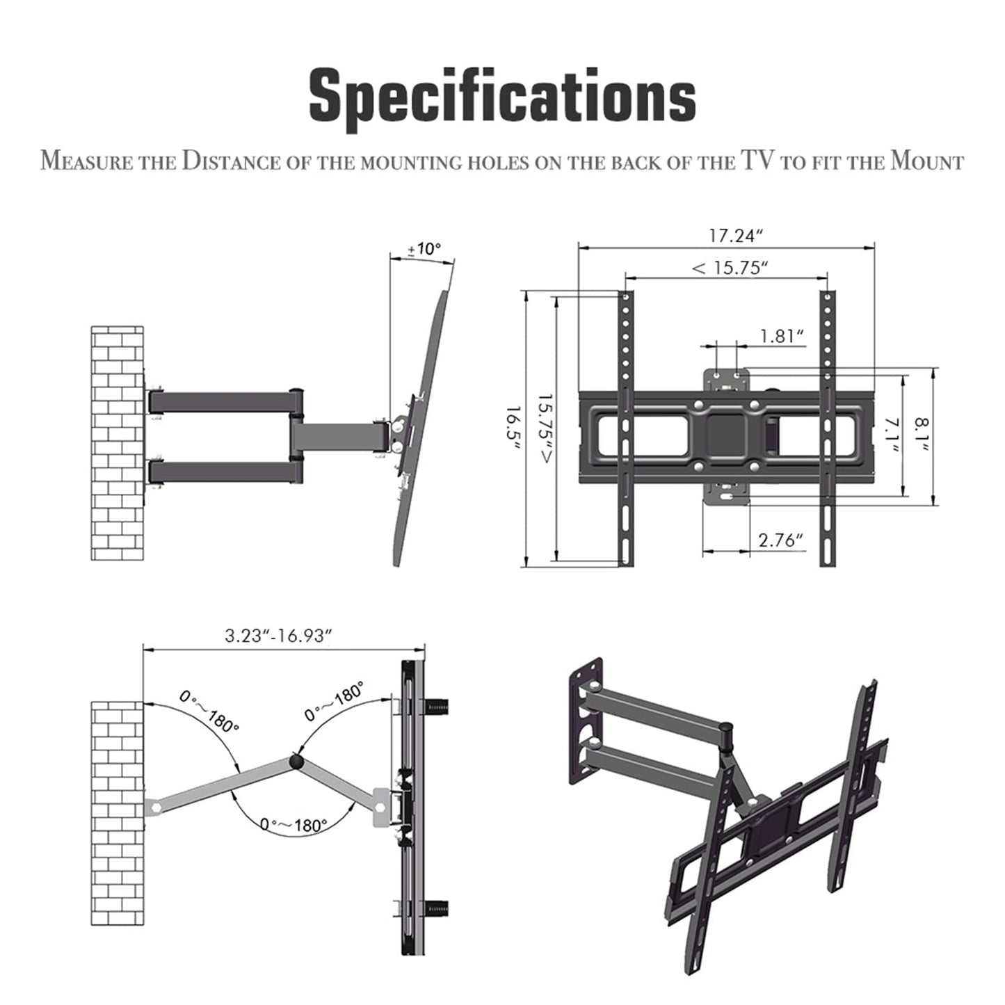 Full Motion TV Wall Mount - Swivel and Tilt 10~10° for Most 32-65 Inch Flat Screen TV - Articulating Tilt 3 Arms - Double Pendulum Large Base TV Stand